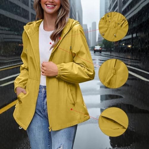 Waterproof Jacket Packable Rain Coats for Women Lightweight Rain Jacket with Hooded Ladies Packable Functional Jackets Windbreaker Breathable Active Outdoor Coats Yellow M — view 2
