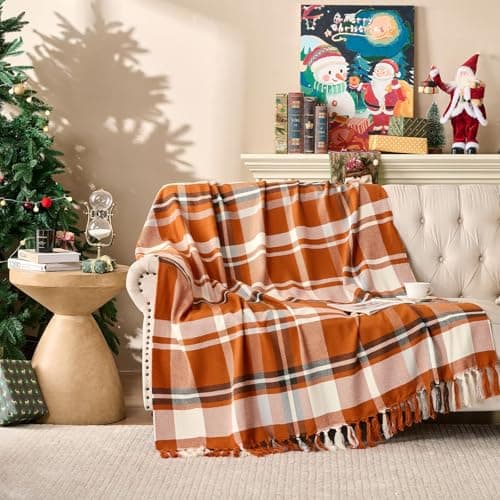 Lanpn Rust Plaid Throw Blanket, Cozy Soft Fall Fringe Blankets for Couch Sofa Bed, Lightweight Orange Checkered Throws Acrylic Cashmere Like Shawl, Autumn Thanksgiving Home Decor Gift, 130x150 — view 3