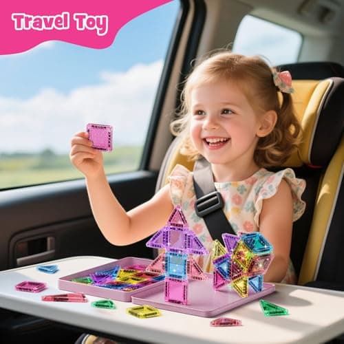 Travel Magnetic Tiles Glitter Construction Set 42pcs Travel Toys for Kids MINI Magnet Tiles with Iron Box Base, Magnetic Building Blocks Stem Toy Gift for 3+ Years Girl — view 5