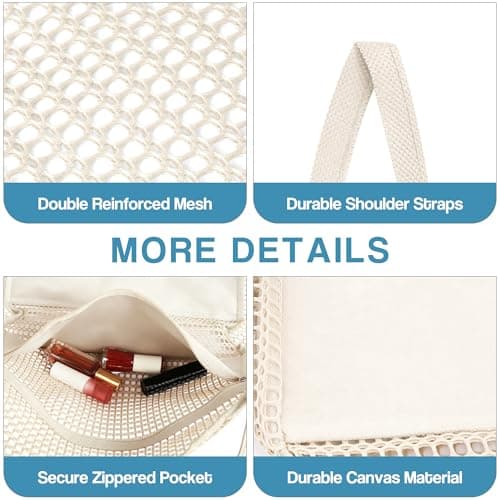 Poeruse Beach Mesh Tote Bag, Beach Bags for Women with Zip, 26L Mesh Handbags, Travel Shopping Handbag for Holiday (White) — view 2