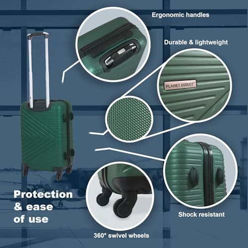 Planet Direct Green Cabin Suitcase (55x36x23cm) | Hard Shell Lightweight Suitcase | 3-Digit Lock | 4 Spinner Wheels | Telescopic Handle | Carry On Luggage — view 2