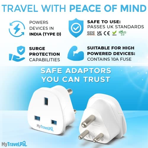 MyTravelPal UK to India Plug Adapter | UK Safety Standards | Earthed Type D — view 4