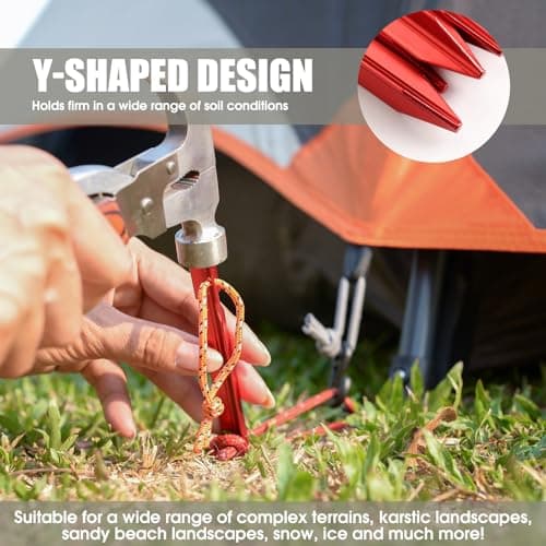 Aluminium Tent Pegs Heavy Duty, 20 Pack Red Camping Ground Pegs with Reflective Ropes and Carry Bag, 18cm Metal Tent Stakes, for Beach Hiking Tarps Hammock Outdoor Use — view 4