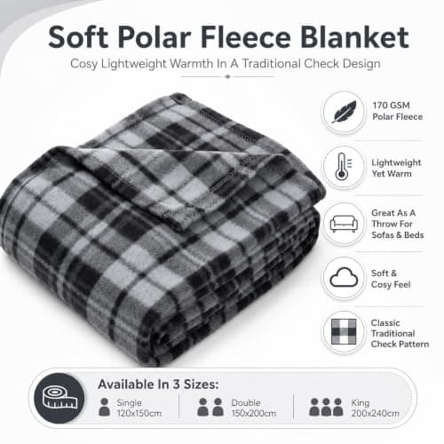 Adore Home 150x200cm Double Tartan Check Fleece Throw Blanket Grey — view 3
