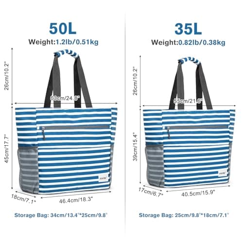 G4Free 50L Large Beach Bag Women Tote Bag with Makeup Bag Zipper Pocket Waterproof Sandproof (Navy Stripe) — view 3