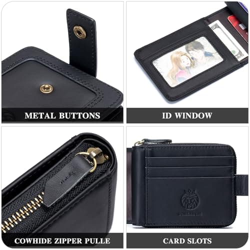 SCHLATUM Men's Classic Genuine Leather Wallet with Zipper Closure, RFID Blocking, Large Capacity, with Coin Pocket and ID Window, Black, 11.9 x 8.9 x 3 cm — view 5