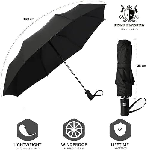 Windproof Travel Umbrella - Compact, Light, Full Automatic Open/Close - Folding Backpack Umbrella for Rain & Sun UV Preotection For Men & Women, Unbreakable 8 Fiberglass Ribs UK Design (Black) — view 3