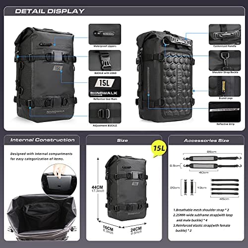 Rhinowalk Motor Pannier Bag 15L Multifunctional FullyWaterproof Rear Rack Trunk Motorcycle Seat Bag Motorbike Saddle Bag Professional Motor Accessories-Black — view 3
