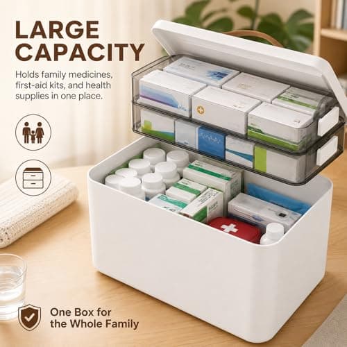 Refein Large Medicine Storage Box 3 Tier with Lock - First Aid Box Organiser for Home Car Travel, Portable Medication Storage Container with Handle & Secure Lid — view 2