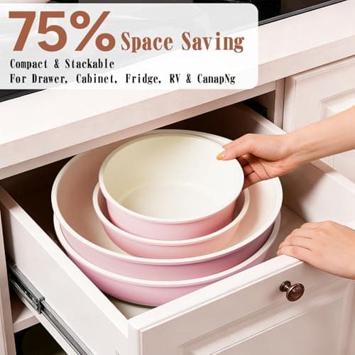 Umite Chef Pots and Pans Set Non Stick, 21 pcs Nonstick Ceramic Cookware Set, RV Kitchen Cooking Set with Detachable Handles, Oven Safe, Induction Cookware, Stackable, Pink, PFAS PFOA & PTFE Free — view 5