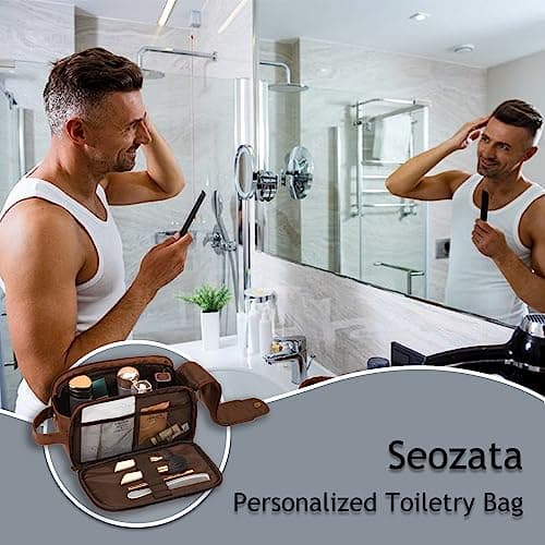 Personalized Toiletry Bag for Men, Large Capacity, Custom Name Initials PU Leather Dopp Kit, Groomsmen Gift, Customized Travel Monogrammed Travel Shaving Bag, Handcrafted for Dad, Husband, Grandpa — view 4
