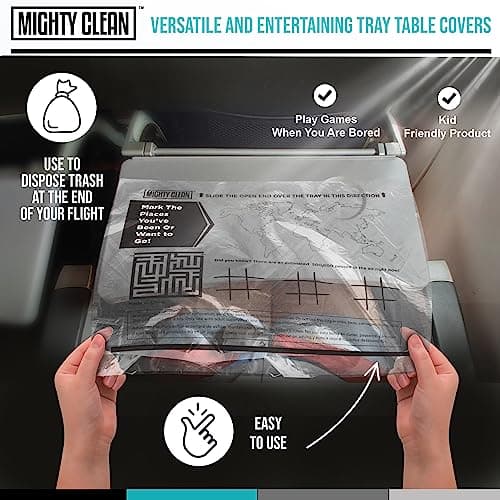15 Disposable Travel Tray Protectors by Mighty Clean │ Airplane Travel Essentials for Toddler, Kids, and Adults │ Must Have for Flying │ Provides a Clean Surface and Entertainment │ 15 Pack — view 4