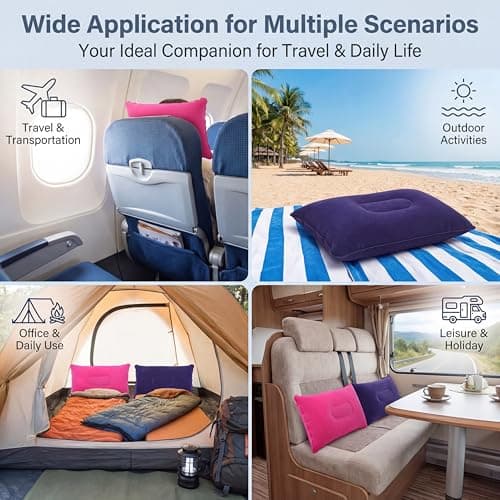 PMTFUMY 2 Pack Inflatable Travel Pillows, Soft Flocking Fabric Air Pillow, Portable Inflatable Cushion for Camping Airplane Car Beach Office Nap Lumbar Support — view 5
