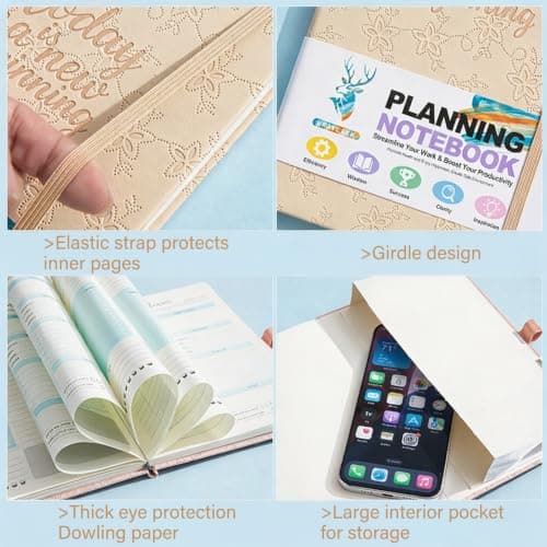 A5 Daily Planner Notebook with Stickers, Faux Leather Cover, 14.8x21.2 cm, Pink, Blue, Green, Schedule, To-Do List, Goals, Meal Plan — view 2