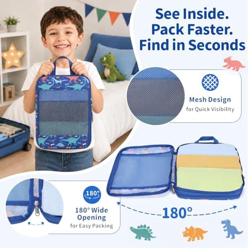 Bagseri Kids Compression Packing Cubes - 4 Piece Travel Set, Blue Dinosaur — view 4