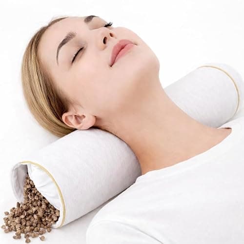 BEAN DELUXE Buckwheat Pillow Adjustable Firm Organic Cotton Bolster Neck Roll Pillow for Pain Pain Relief Sleeping Round Support Cervical Pillows, White 3'' x 16''