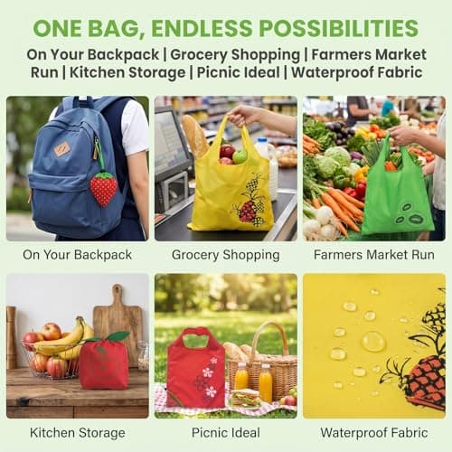 KIPTVO 4 Pack Foldable Shopping Bags with Fruit Patterns, Portable Reusable Tote Bags for Grocery, Travel, Beach & Gym – Lightweight, Durable & Washable Eco Tote Bag Set — view 5