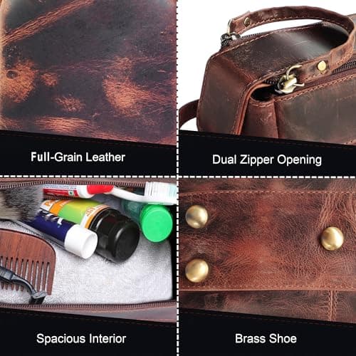 Leather Wash Bag for Men - Travel Toiletry Bag - Shaving Dopp Kit Toiletries Organizer - Leather Makeup Bag for Women — view 3