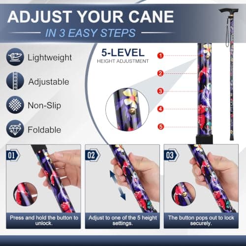 supregear Walking Stick - Adjustable Folding Walking Sticks for Women and Men - Lightweight Portable Collapsible Balancing Aid - Foldable Travel Cane for Ladies Elderly Adults, Black Large Floral — view 3