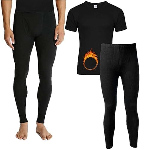 TT ThreadTrade Men's Thermal Underwear Set, Top Bottom Long Johns Warm Base layer Thermal Set Vests Trousers for Cold Winter Wear and Skiing Running Workout (Black Short-Sleeve Set, XL)