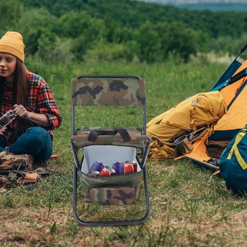 Folding Stool Backpack Insulated Cooler Bag, Portable Camping Chair with 10L Cooler, Foldable Lightweight Outdoor Seat, Double Layer Oxford Fabric & PVC Coating, for Fishing, Hiking, Picnic,Camouflage — view 2