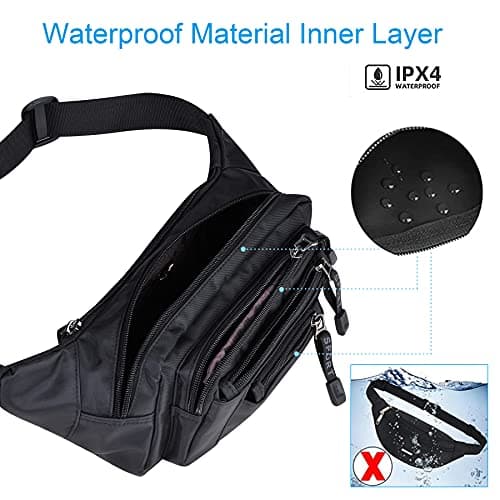 AirZyx Bumbag Fanny Pack for Women Men Waterproof Waist Pack Plus Size with 6 Zipped Pockets Bum Waist Bag for Dog Walking Climbing Hiking Travel Outdoor Sport Black — view 6