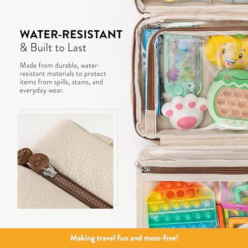 Kids Travel Organizer – Multi-Compartment, Water-Resistant Hanging Bag for Toys, Snacks, & Activities - Compact, Lightweight Design with Hook & Carry Handle - Perfect for Travel Use (Beige, Large) — view 3