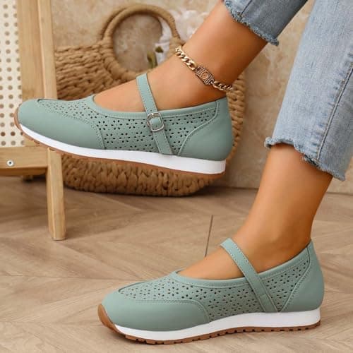 Women's Vintage Perforated Mary Jane Sneakers Chic Buckle Loafers Breathable Walking Shoes for Travel and Weekend Trips Light Green — view 3