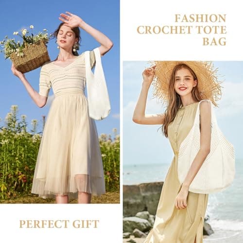 Aucuu Women Knitted Handbags, Retro Hollow Woven Shoulder Bags, Boho Shoulder Bag, Crochet Mesh Tote Bag, Beach Bag for Women, Travel Shopping Handbag for Holiday, Daily Work, Shopping, Travel-White — view 6