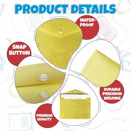 M1SS Pack of 10 Plastic Wallets A4 [33 x 23cm] Waterproof Plastic Folders for Documents Yellow Popper Wallet A4 with Snap Button for Home, Office, School and Travel Stationary Paper Filing (Yellow) — view 3