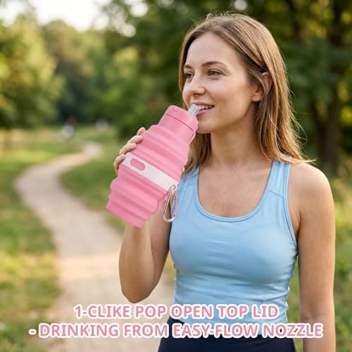 KSVFTB Collapsible Water Bottle, Pink Folding Water Bottle, Portable Silicone Water Bottle with 500ml Capacity for Gym Hiking Camping Cycling Outdoor Hydration — view 6