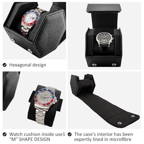 Yaliang Genuine Leather Hexagon Watch Roll Travel Case for Treasured Watches and Bracelets,Black — view 5
