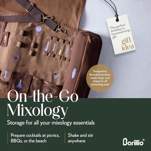 Barillio Bartender Kit Bag with Gold Cocktail Shaker Set - Waxed Canvas, Traveling Bar Tools Bag with 17-Pc Cocktail Kit - Travel Mixology Bartending Kits - Mobile Bar Roll with Strap & Accessories — view 3