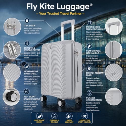 Fly Kite Luggage Carry On Cabin Suitcase 50 x 33 x 19 cm, 18 inch - 100% Polypropylene Hard Shell Aluminium Trolley Handle Real TSA Secure Lock 3 Digit 360° Smooth Detachable Wheels Light Grey — view 6