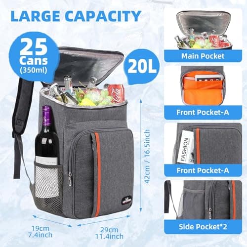 Bagtopia Camping Cooler Backpack 25 Cans, Leak Proof Soft Insulated Compartments Thermal Bag, Portable Lightweight Beach Travel Trip Picnic Lunch Backpack for Men and Women, Stripes-Grey — view 2
