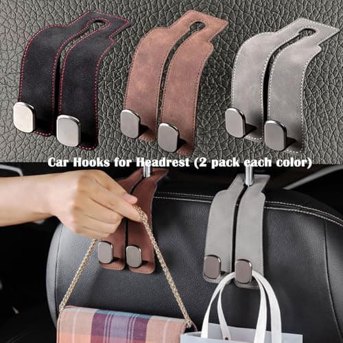 Car Hooks for Headrest 2 Pack, Car Seat Back Storage Hook, 2 in 1 Headrest Hooks for Purses and Bags, Leather Car Headrest Hanger with Metal Hooks, Double Headrest Hooks Mobile Phone Holder (Black) — view 6