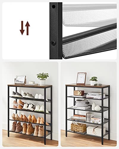 VASAGLE 5-Layer Shoe Rack, High Shoe Storage with 4 Mesh Shelves and Large Top for Bags, Space Saving for Entrance, Hallway, Steel, Industry, Rustic Brown and Black LBS038B01 — view 5