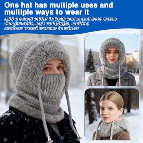 Ashloter 3 in 1 Beanie Hat for Women, 3in1 Thermal Winter Balaclava Knitted Hood with Scarf and Face Mask, Windproof Warm for Outdoor Skiing Hiking Running Skiing Cycling Ladis Men Grey — view 4