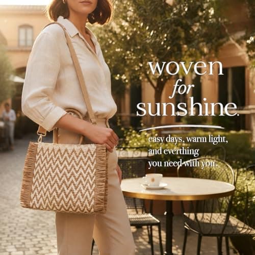 Woodland Leathers Womens Summer Bag, Straw Beach Bag, Large Woven Tote Bag with Raffia Fringe, Boho Chevron Design, Detachable Adjustable Shoulder Strap Holiday Handbag (Blue, Large) — view 6