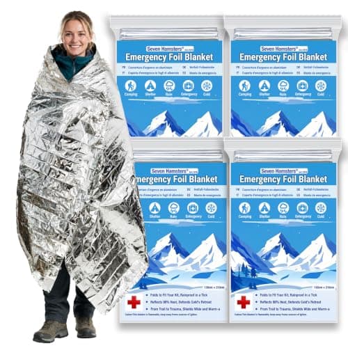 Seven Hamsters Emergency Blankets 4-Pack Foil Space Thermal Blanket for Outdoor Sport, Camping, Mylar Survival Equipment First Aid Bag Kit