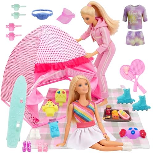 25 Pcs Doll Clothes Travel Camping Tent Compatible, 1 Tent 1 Dress 1 Fashion 1 Leisure 3 Shoes 10 Picnic Food Toy 8 Outdoor Accessories Playset Set for 11.5 Inch Doll Girls Gift