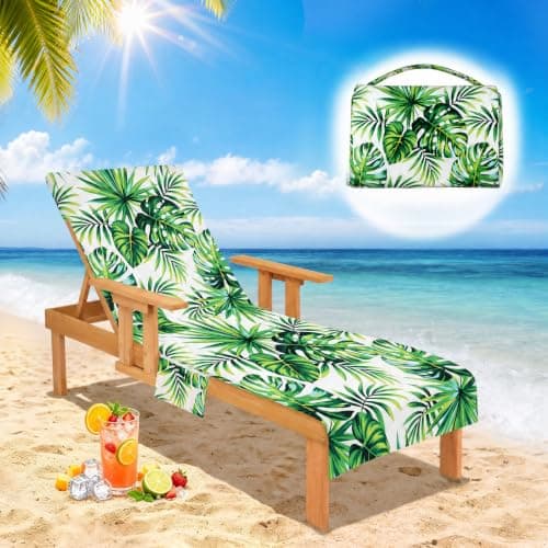 Minicoco Beach Towel with Pockets,Sand Free Sun Lounger Towel with Bag, Lightweight Sports Towel, Compact Travel Beach Towel for Summer Outdoor Pool Vacation, 215×75cm, Green Leaf Print