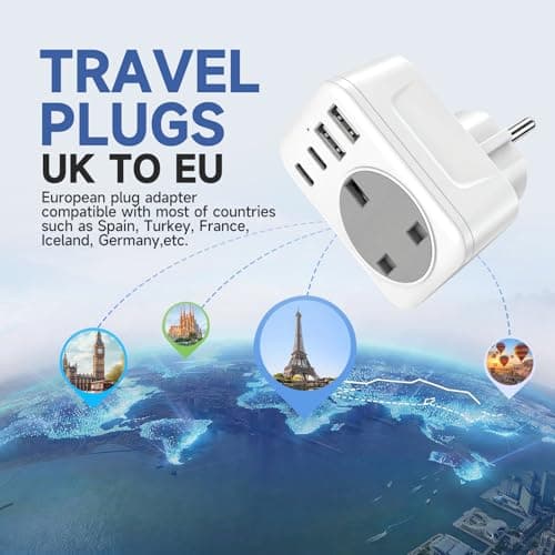 UK to European Travel Adaptor with 4 USB Ports(1 USB C),UK to EU Plug Adaptor – 40W USB C Fast Travel Adaptor, Grounded Type E/F Schuko Charger for France, Spain, Germany, Italy, Turkey, Poland, — view 4