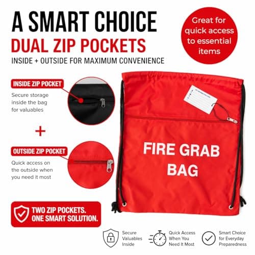 MediCounter Fire Grab Bag – Emergency Fire Evacuation Drawstring Bag (42x49cm) with Outer and Inner Zip Pockets & Info Tag – Water-Resistant -RED — view 2