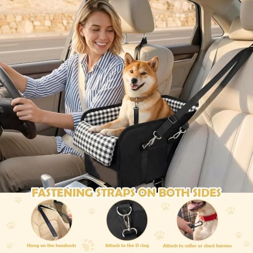 Wood Homing Dog Car Seat for Small Dog - Waterproof Center Console Pet Car Travel Booster Carrier Bed Detachable with Seat Belt Harness Restraint Thick Cushion for Puppy Cat Seats Protector (Black) — view 6