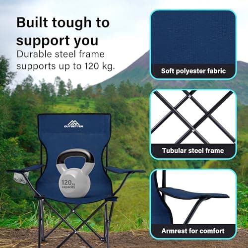 Set of 2 Camping Chairs | Lightweight Folding | Portable Chair for Outdoors | Cup Holder | Storage Cover | Outdoor Leisure Chair Durable with Arm Rest for the Beach, Lawn and Fishing Trip Garden Blue — view 4