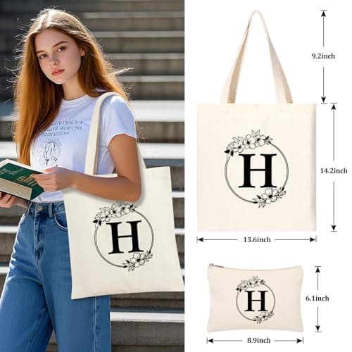 Tecanne Personalised Initial Canvas Tote Bag and Makeup Bag Set, 26 Letters Monogrammed Cotton Reusable Bags for Beach Travel Work School, Gift for Women Mum Teachers Nurses (H) — view 2