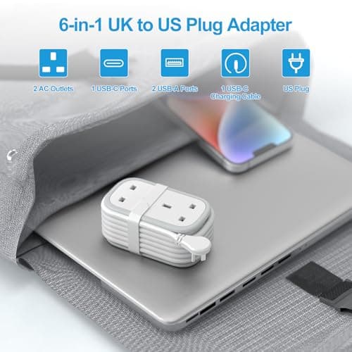 UK to US Plug Adapter with 1.5M Extension Cable, BEVA 2 Way 3 USB (2A+1C) Travel Adapter with Retractable USB C Cable for American, Thailand, Canada, Mexico, Type B — view 2