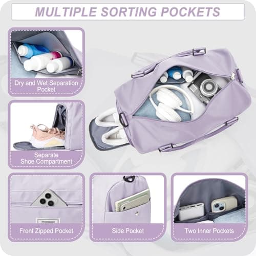 HYC00 Gym Bags Women Men Sports Duffle Bag with Shoes Compartment & Wet Pocket, Travel Duffel Bags for Women Large Weekend Overnight Holdall for Hospital Swimming Carry on Hand Luggage Bag, Purple — view 3