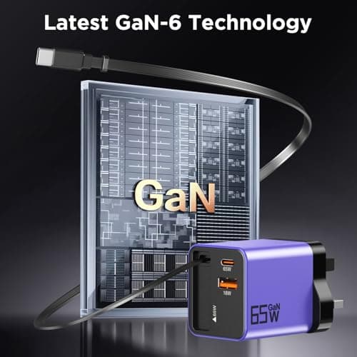 65W GaN USB C Charger 3-Port with Retractable 0.7m Cable(Purple) — view 5
